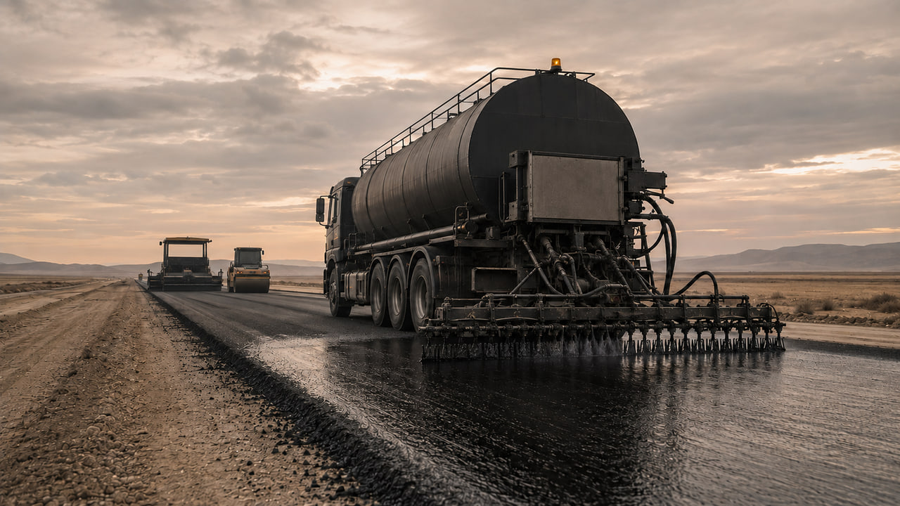 A bitumen distributor truck spraying binder ahead of a paving train.