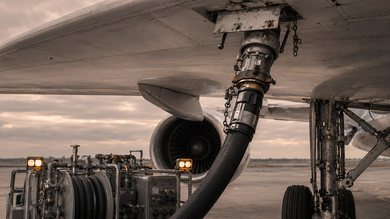 An underwing refuelling coupling connected to an aircraft on stand.