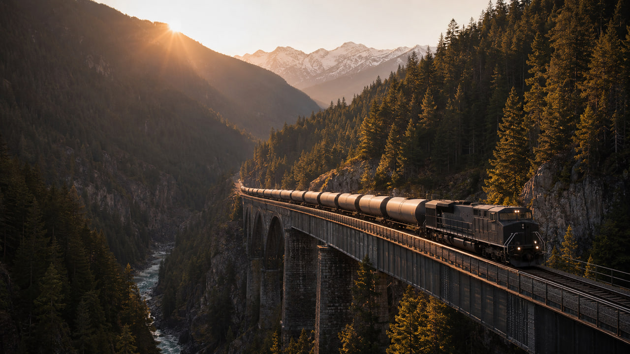 A tank-car train crossing a viaduct through a mountain pass at sunrise.